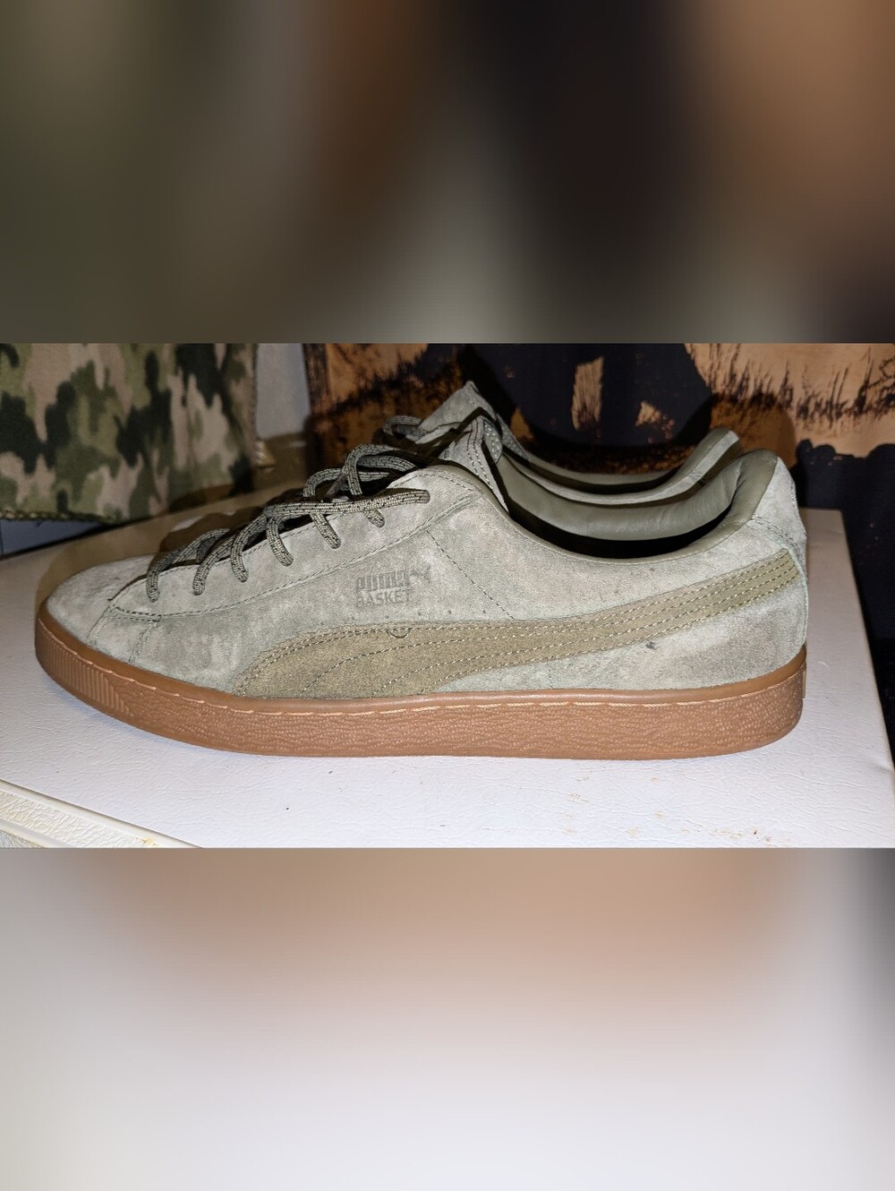 Puma Basket Suede Men's Sneakers in Olive Green with Gum Sole